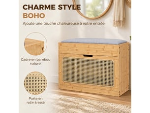 Banc chaussures entrée, banc de rangement en bambou, assise rembourrée, bois naturel, porte en rotin et étagère réglable