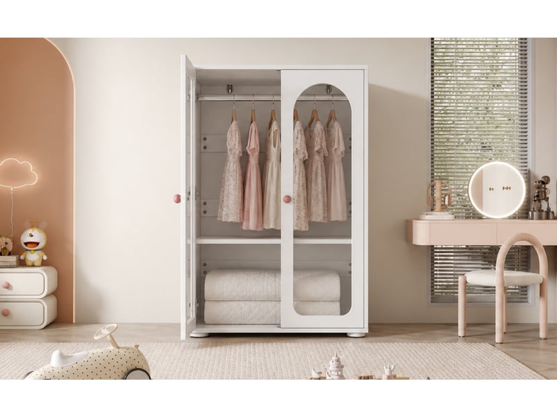  Armoire 2 portes transparentes avec penderie et étagères réglables laquée pour chambre en mdf blanc 80 × 50 × 120 cm  - Conforama B