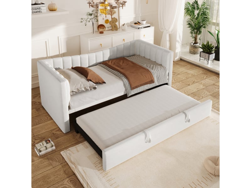 Lit gigogne 90x200 cm, lit enfant avec sommier à lattes, en velours beige, sans matelas - Conforama C