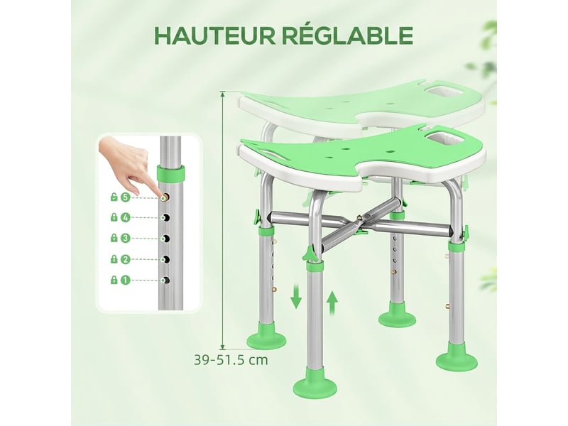 Tabouret de douche - siège de douche avec barre d'appui ventouse - hauteur réglable - alu hdpe vert blanc - Conforama D
