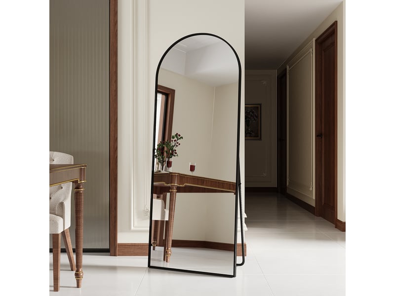  Miroir sur pied pleine longueur 165×60 cm, cadre aluminium noir brossé, arqué, chevalet amovible, fixable au mur  - Conforama D