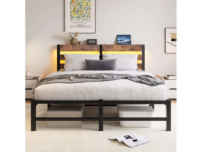  Lit 140x200 cm en métal avec éclairage led, ports usb et rangements intégrés, sans matelas  - Conforama D
