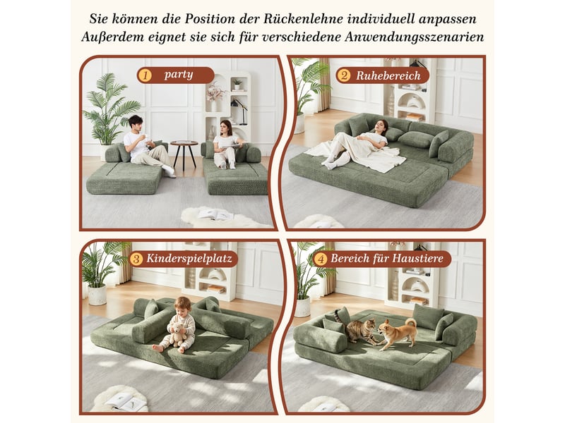  Canapé convertible 2 places modulable 4-en-1, dossier réglable, sans montage, base antidérapante, 4 coussins, tissu chenille vert  - Conforama E