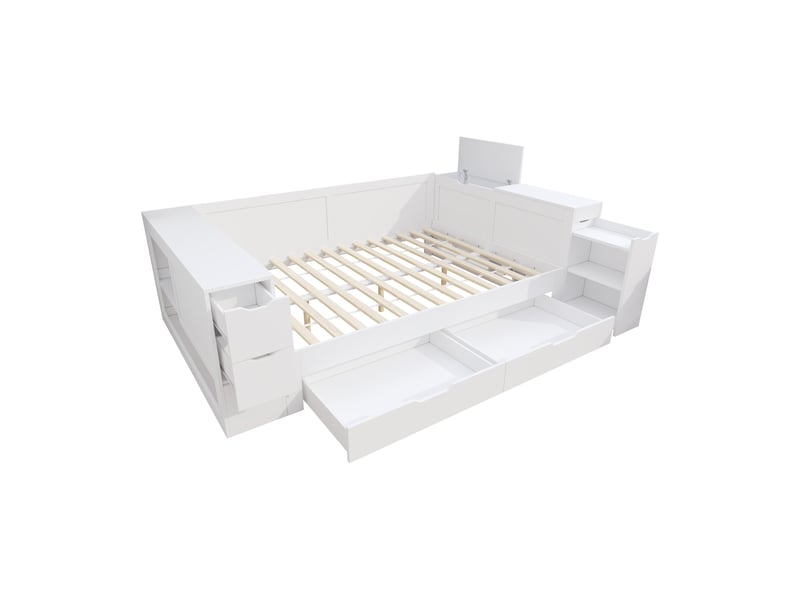  Lit en bois, lit enfant, lit coffre 140x200 cm, lit de jour, lit coffre multifonctionnel avec tiroirs, étagères et rangements, avec tables de chevet, idéal pour adolescents, sans matelas, blanc  - Conforama E