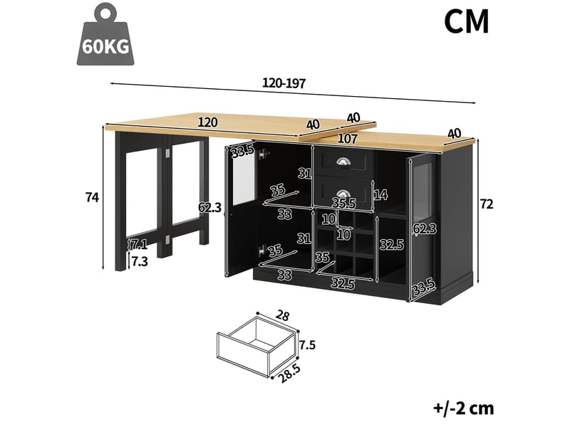 Buffet extensible avec table pivotante 360°, éclairage led 3 couleurs, meuble rangement cuisine avec tiroirs et armoires à portes coulissantes en mdf noir - Conforama C
