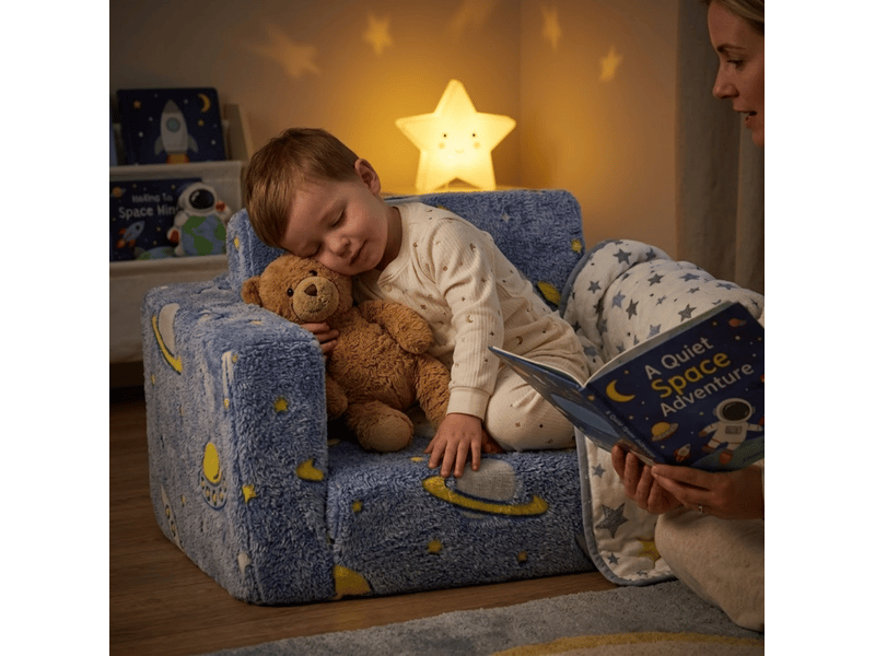 Fauteuil enfant pliable 103 x 63 x 38 cm bleu vert blanc, tissu peluche pour lire et se détendre - Conforama D