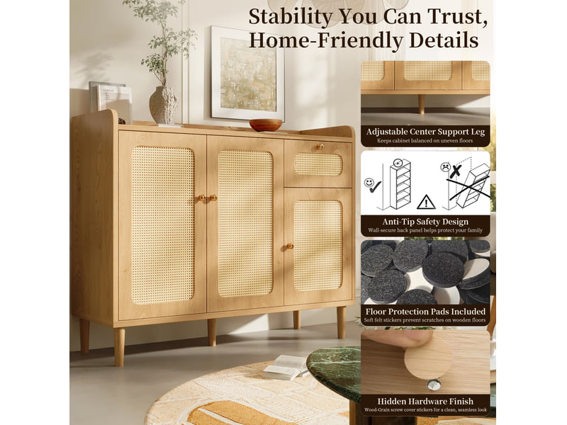  Buffet modenvie 120 x 40 x 91 cm 3 portes 1 tiroir mdf décor chêne clair cannage  - Conforama E