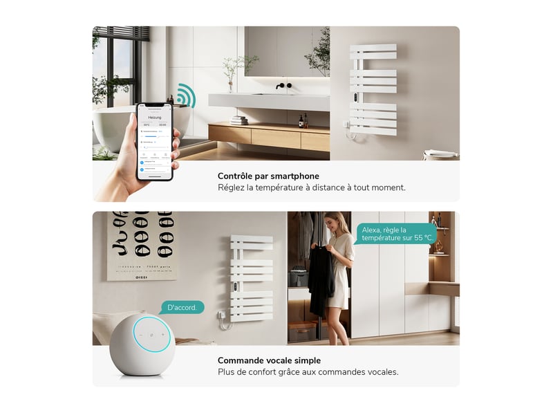  Sèche-serviettes électrique intelligent emke 1000 x 500 mm 320w, radiateur salle de bain connecté wifi, blanc  - Conforama C