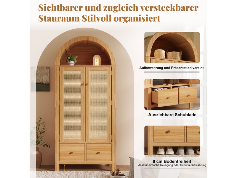 Armoire 181x78x45 cm - penderie 2 portes avec cannage rotin, 2 tiroirs, étagère ouverte, style campagne, effet chêne - Conforama E