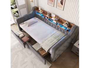 Lit avec rangement 90x190 cm <strong>REDOM</strong> <strong></strong> coloris gris