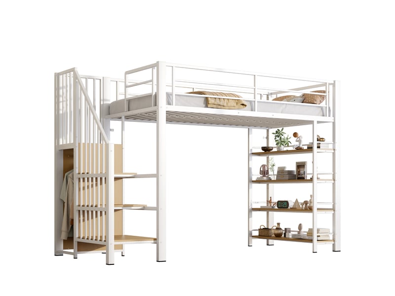  Lit mezzanine 90x200 cm avec escalier sécurisé, rangements et penderie, blanc  - Conforama A