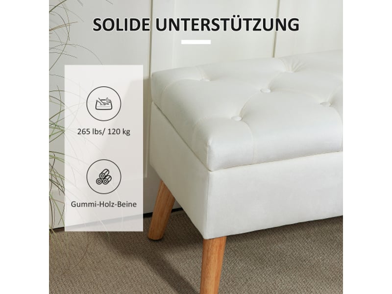  Banc coffre blanc rembourré effet velours, couvercle, bois d’hévéa, 102x35x43 cm, rangement  - Conforama E