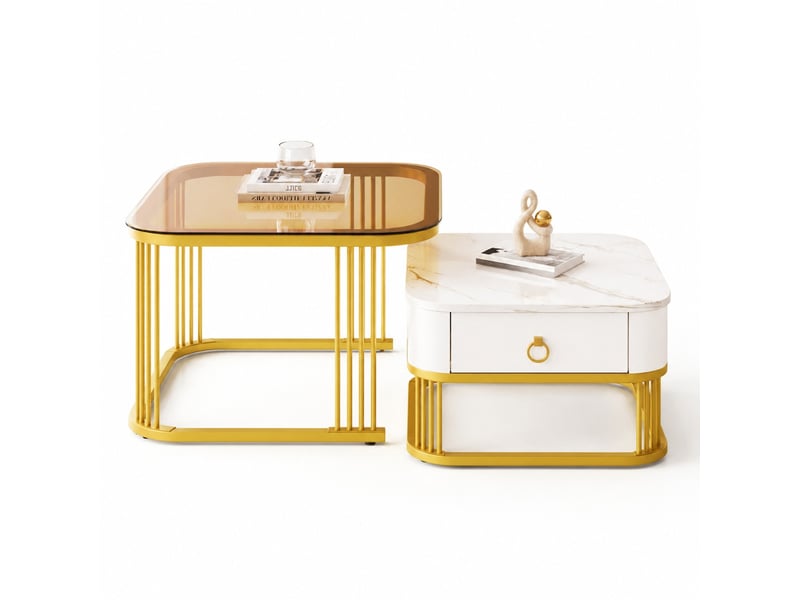  Tables basses gigognes carrées avec 1 tiroir, plateau effet marbre et verre, mdf, blanc, 60×60×42.5 cm  - Conforama A