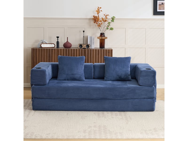 Canapé convertible pliable avec dossier rabattable, poches latérales et porte-gobelets, en velours côtelé bleu foncé - Conforama C