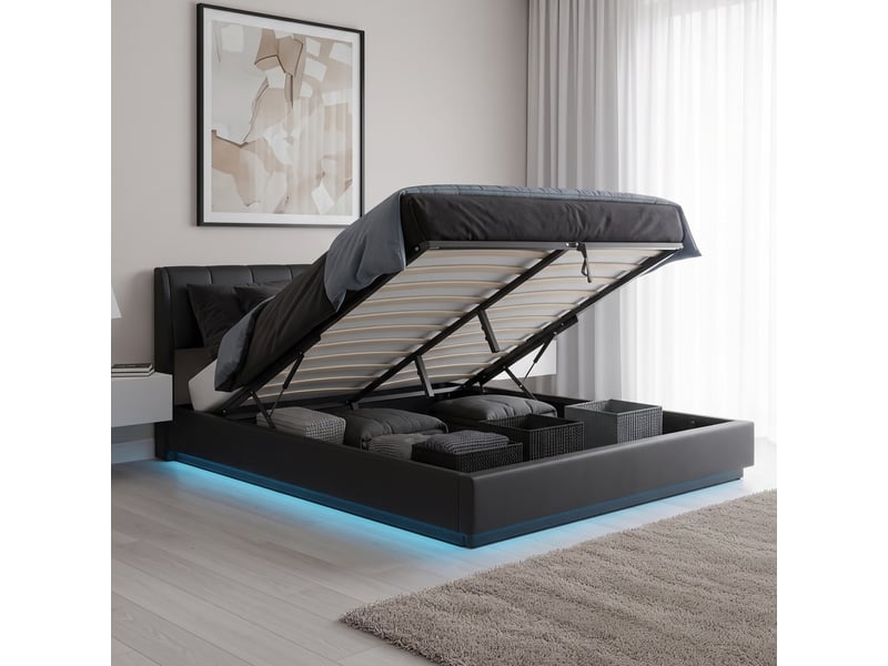  Lit double capitonné tröstiar avec éclairage led 140 x 200 cm simili noir [en.casa] Tröstiar - Conforama E