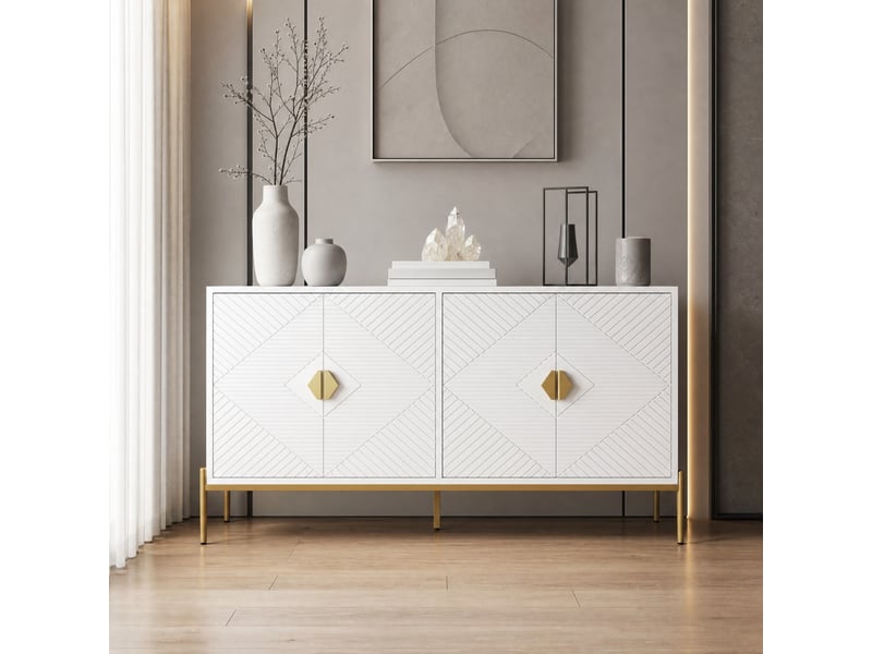  Buffet bas blanc à 4 portes géométriques 162 x 40 x 80 cm  - Conforama D