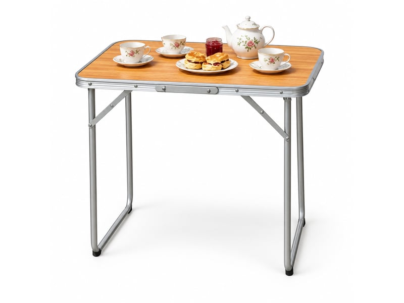  Table de camping pliante 70x50x60 cm chêne, aluminium fer et mdf, portable avec poignée de transport  - Conforama A