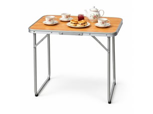 Table de camping pliante 70x50x60 cm chêne, aluminium fer et mdf, portable avec poignée de transport