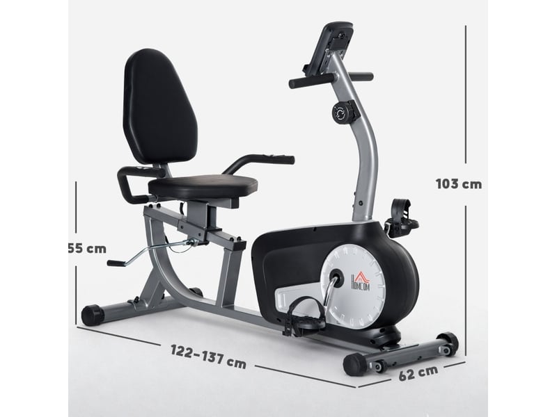  Vélo semi-allongé 122-137 x 62 x 103 cm gris noir argenté acier, 8 niveaux de résistance réglable  - Conforama C