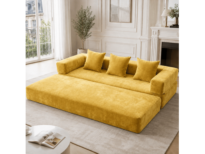  Canapé modulable modenvie 2 places en chenille jaune moutarde avec poches latérales et base antidérapante 198 x 79 x 60 cm  - Conforama B