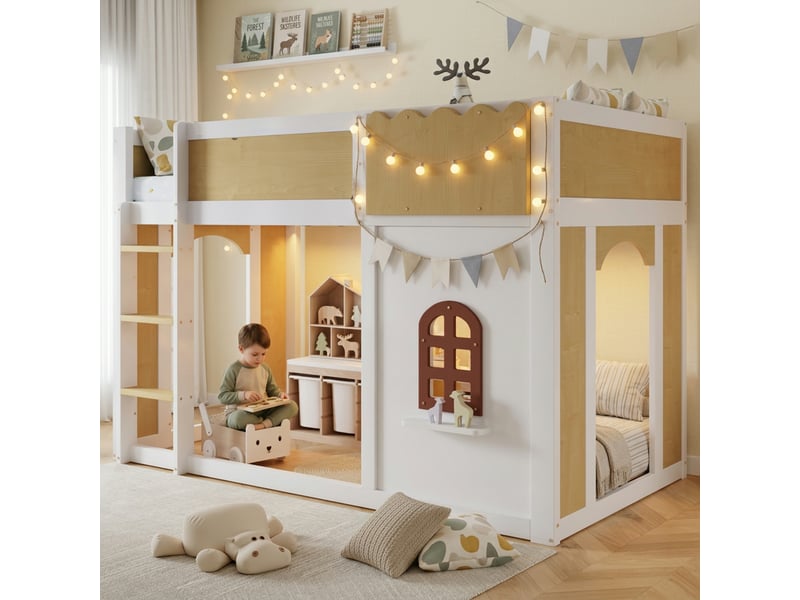  Lit mezzanine enfant 90 x 200 cm, structure cabane, espace de jeu, fenêtres, barrières ondulées, échelle et guirlande lumineuse, blanc et naturel  - Conforama D