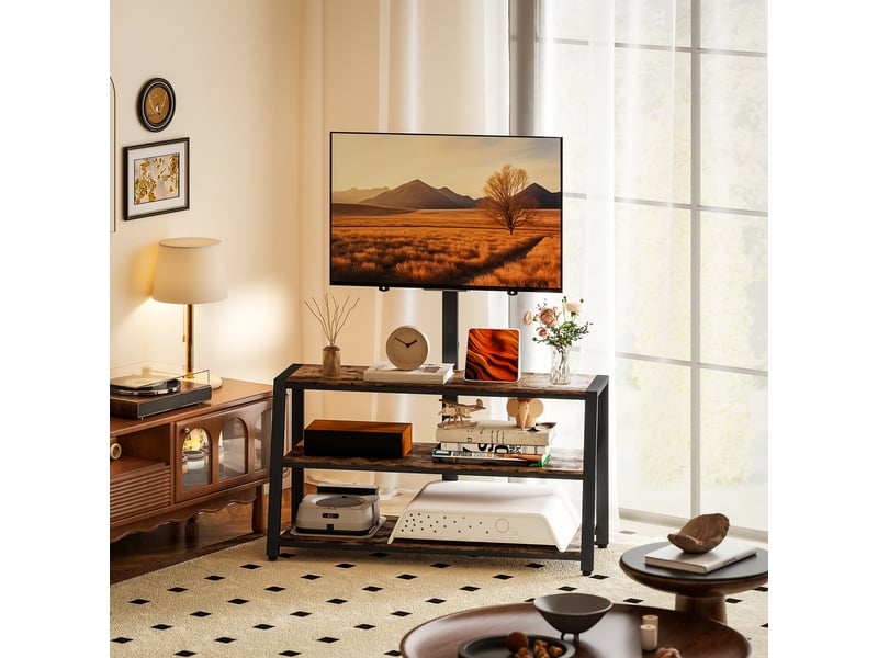  Meuble tv avec support pour téléviseurs de 32-70 pouces, étagères ouvertes, 108x41x135cm, angle ajustable 35°, marron  - Conforama D