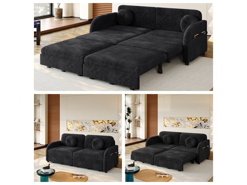 Canapé convertible 2 places 3-en-1, canapé-lit queen size avec poches latérales, coussins mobiles, tissu chenille noir, 166 x 84 x 90 cm - Conforama B
