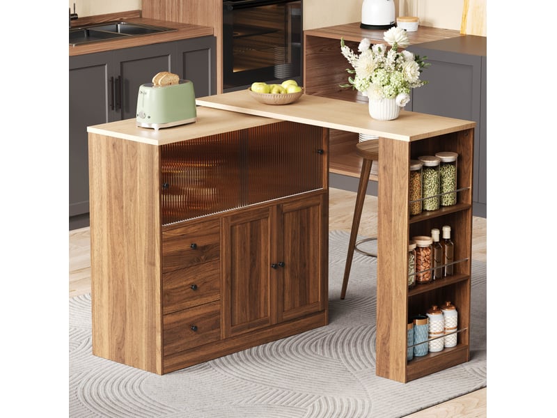  Îlot de cuisine avec plateau pivotant à 360°, 3 tiroirs, porte en verre trempé et éclairage led, naturel  - Conforama B