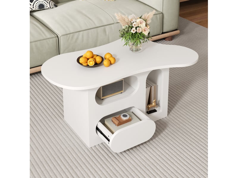  Table basse nuage 97x45x43,5 cm, 1 tiroir et niches ouvertes, bords arrondis, panneau de particules, blanc  - Conforama D
