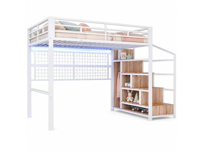 Lit mezzanine, 140x200 cm, avec éclairage led 7 couleurs, armoire-échelle, espace ouvert sous le lit, métal, blanc sans matelas - Conforama A