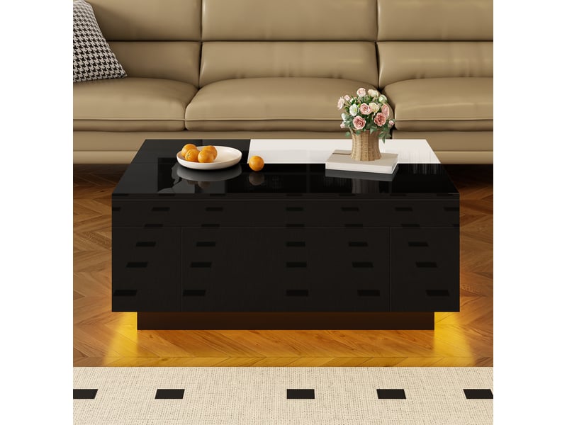  Table basse avec led, tiroir dissimulé et plateau extensible pour salon, en mdf noir et blanc, 80 × 50 × 35,5 cm  - Conforama C