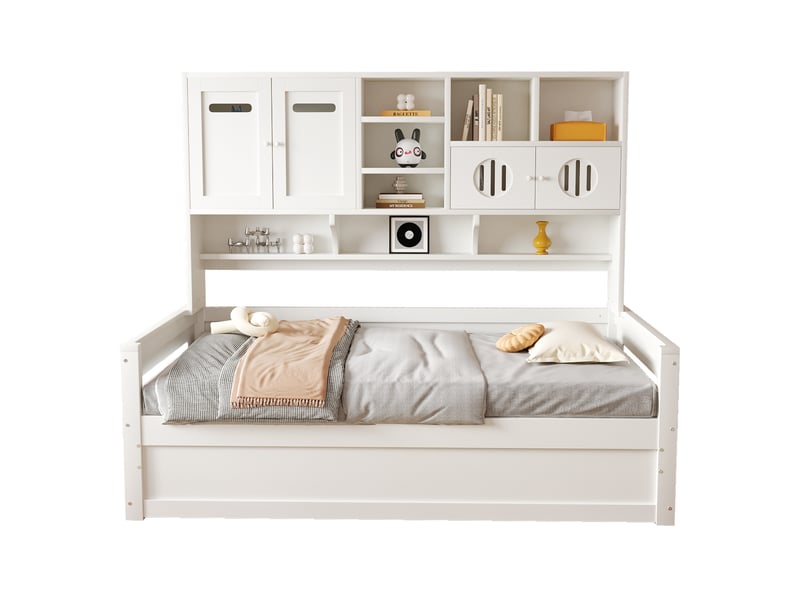 Lit banquette 90x200 cm – blanc – coffre hydraulique et rangements intégrés de tête de lit, sans matelas - Conforama A