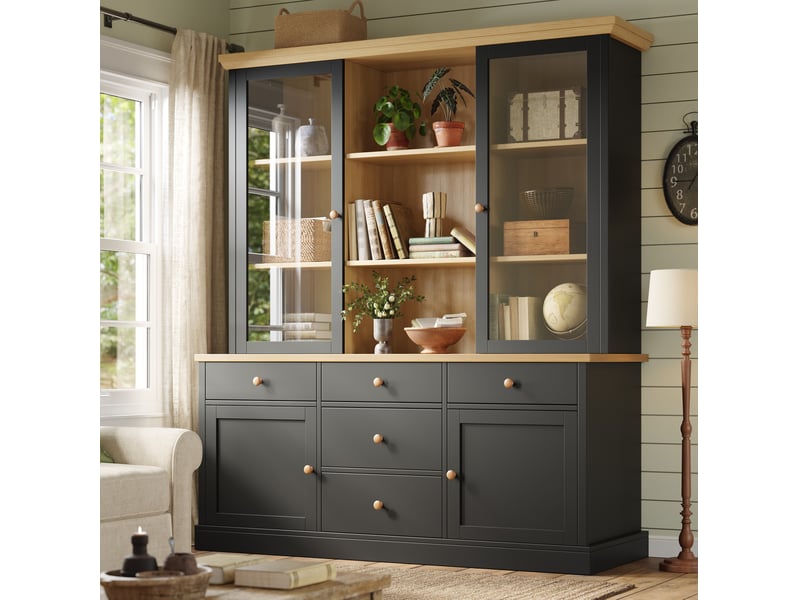  Buffet haut avec portes vitrées et 5 tiroirs, 140x40x185 cm, noir  - Conforama B
