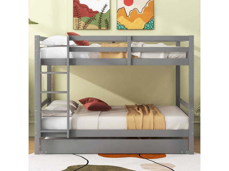 Lit superposé avec lit gigogne et escalier de rangement, lit enfant 140x200 cm en bois massif avec barrières de sécurité, gris. - Conforama D