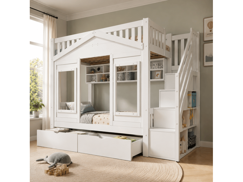  Lit superposé pour enfant modenvie 90 x 200 cm avec escalier de rangement, barrière anti-chute et tiroir, forme de maison, blanc  - Conforama E