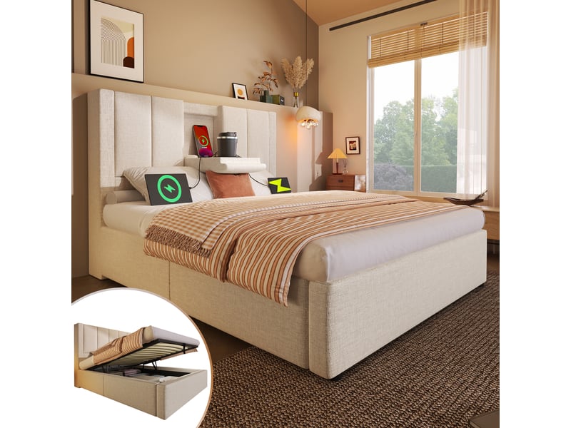 Lit coffre 90 × 200 en lin beige, porte-gobelet discret, usb et usb-c IKSETERA TRADING LTD - Conforama B