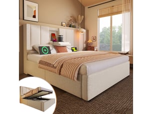 Lit coffre 90 × 200 en lin beige, porte-gobelet discret, usb et usb-c
