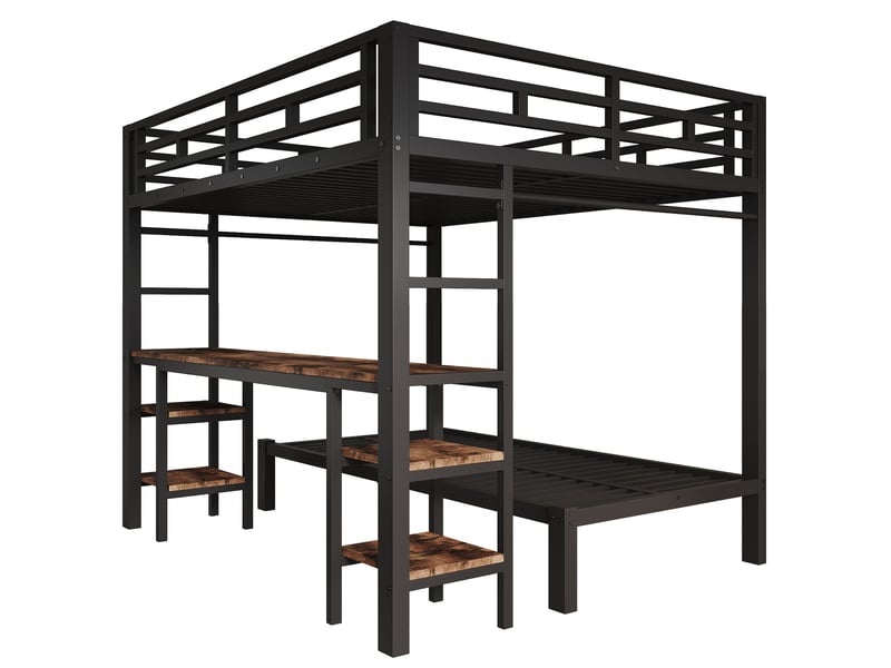  Lit superposé 90140x200 cm noir en métal avec bureau, penderie, échelles et prises  - Conforama D