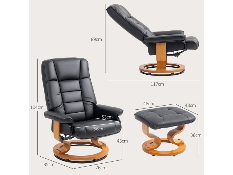  Fauteuil inclinable avec repose-pieds, pivotant et inclinable, revêtement en similicuir, jusqu'à 150 kg, structure en bois, noir  - Conforama E