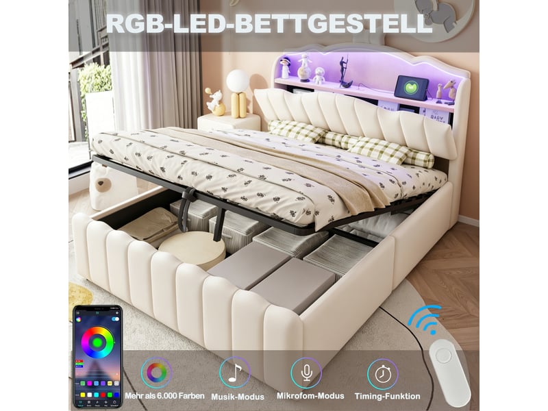  Lit coffre 2 places 140x200 cm - lit avec rangement hydraulique, tête de lit led, usb et usb-c - velours - beige  - Conforama E