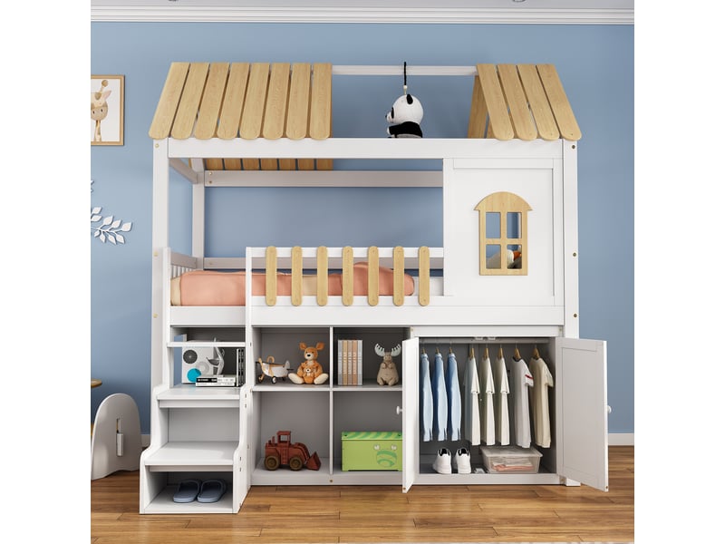  Lit superposé enfant 90x200 cm blanc et naturel, armoire, fenêtre, banc à chaussures et escalier  - Conforama D
