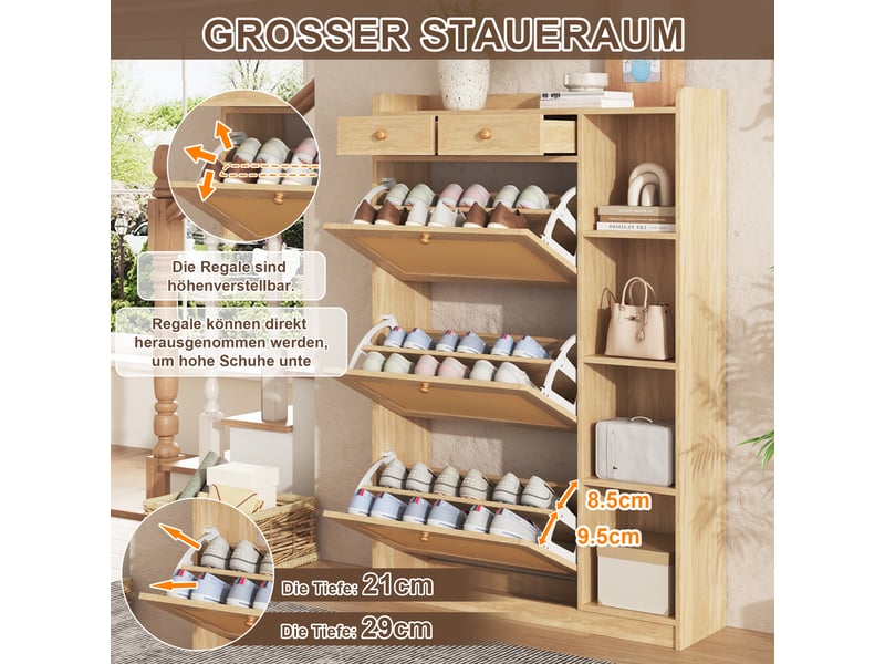 Meuble à chaussures naturel 90 × 24 × 130 cm, panneau de particules, 3 abattants et 2 tiroirs, façades en rotin - Conforama C