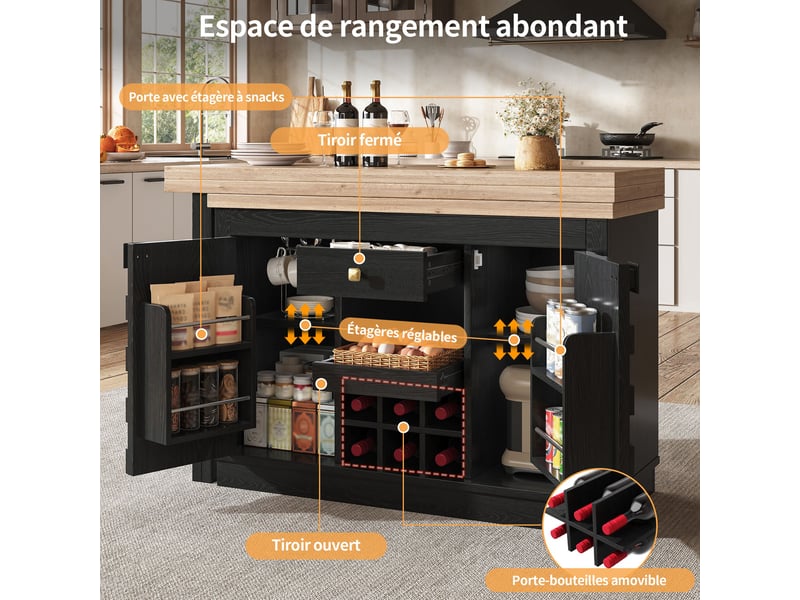  Îlot de cuisine extensible 120-197 x 40 x 74,2 cm, plateau pivotant à 360°, casier à vin amovible, tiroir, noir  - Conforama D