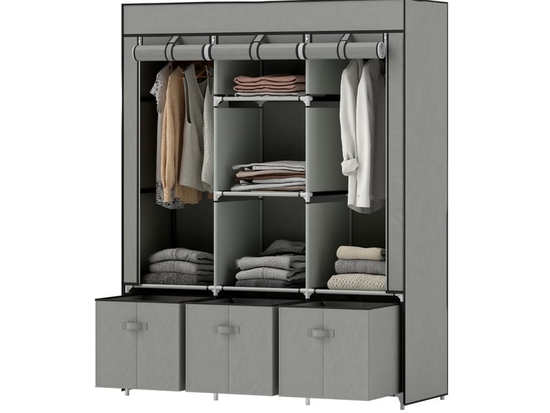  Armoire penderie en tissu 125 x 43 x 162,5 cm, 2 tringles et 3 tiroirs gris clair  - Conforama A