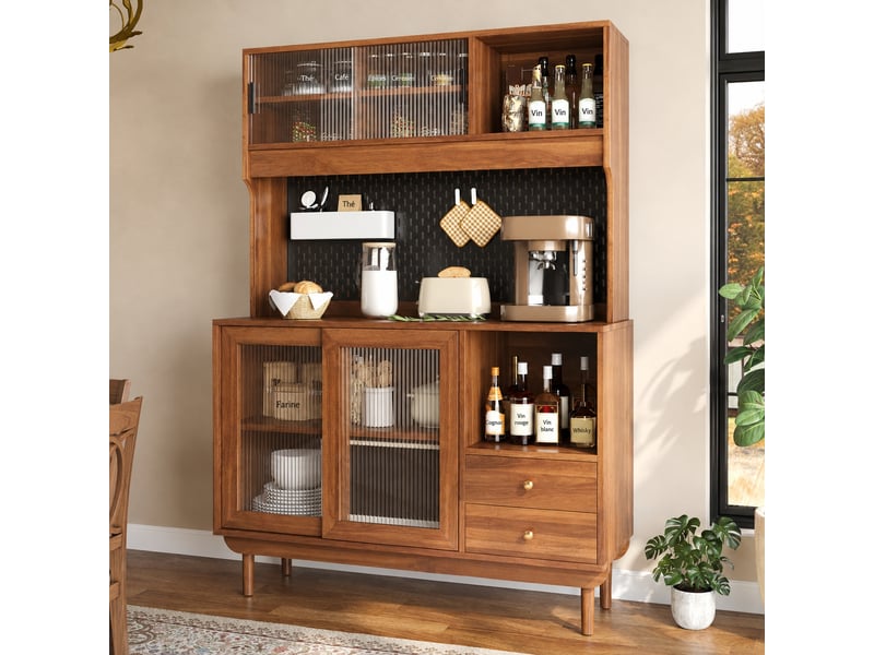 Buffet de cuisine avec portes coulissantes en verre strié, 117 x 30 x 170 cm - Conforama D