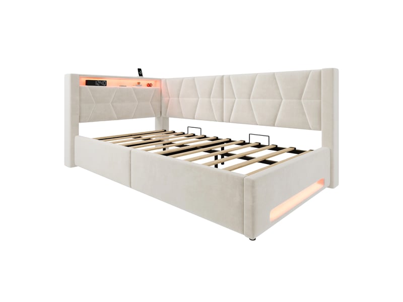  Lit coffre 90x200 cm, lit enfant, sommier à lattes, rangement hydraulique, led, usb et usb-c, velours beige  - Conforama B