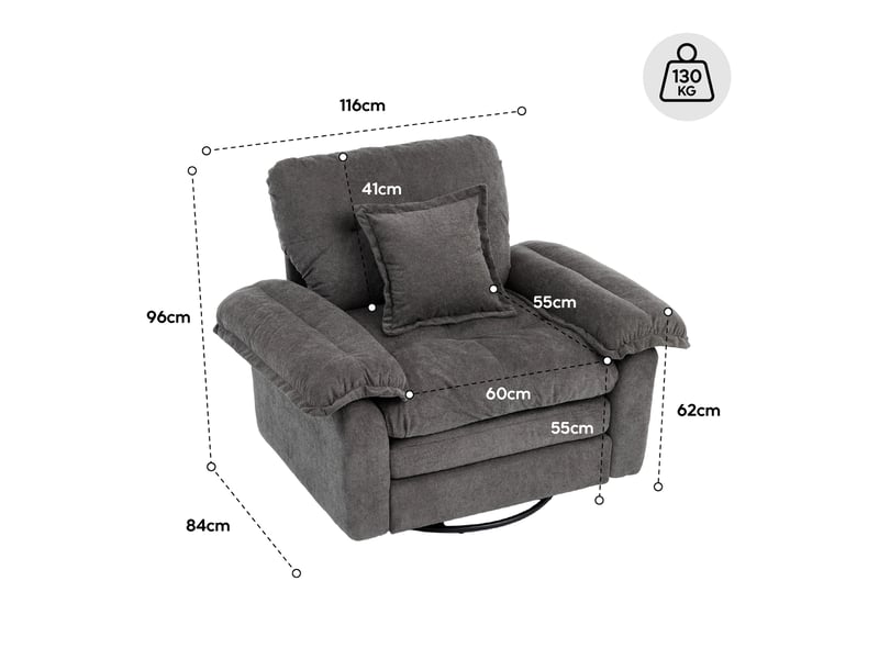  Fauteuil pivotant 360° 116x84x96 cm, assise confort, coussin de soutien, pour salon, chambre et bureau, chenille noir  - Conforama C