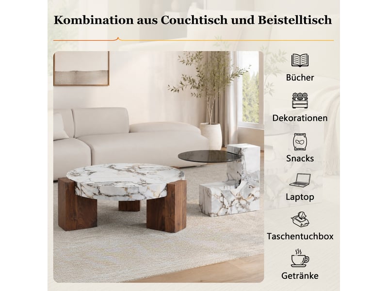  Ensemble de tables basses rondes 61 et 44 cm – blanc et décor bois – 2 pièces modulables pour salon  - Conforama D