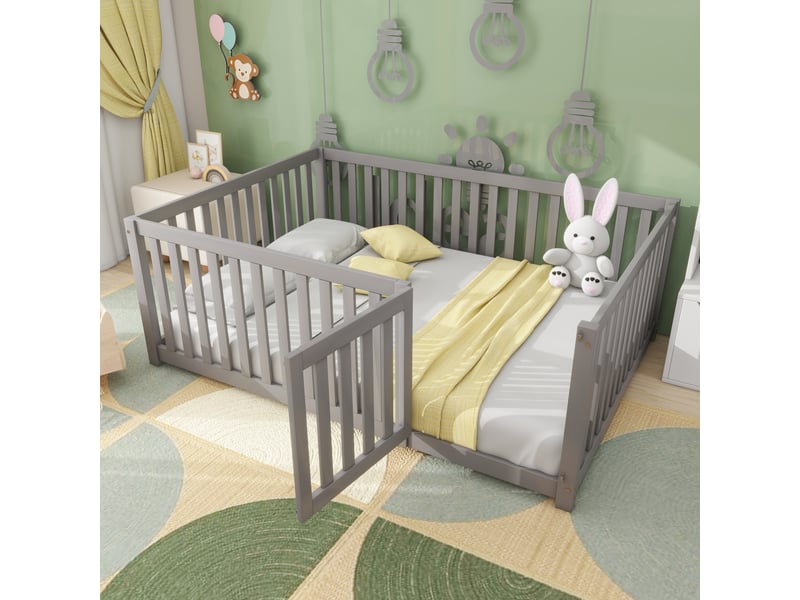  Lit enfant 140x200 cm, lit au sol, garde-corps, style minimaliste, bois gris, sans sommier ni matelas  - Conforama B