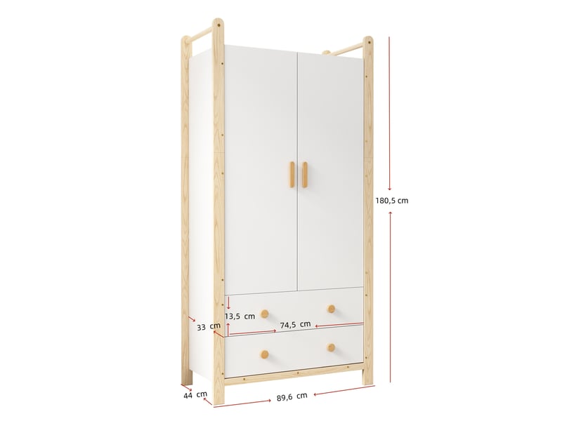  Armoire 2 portes 89,6x44x180,5 cm, penderie 2 tiroirs tringle, métal panneaux de particules bois naturel et blanc  - Conforama C